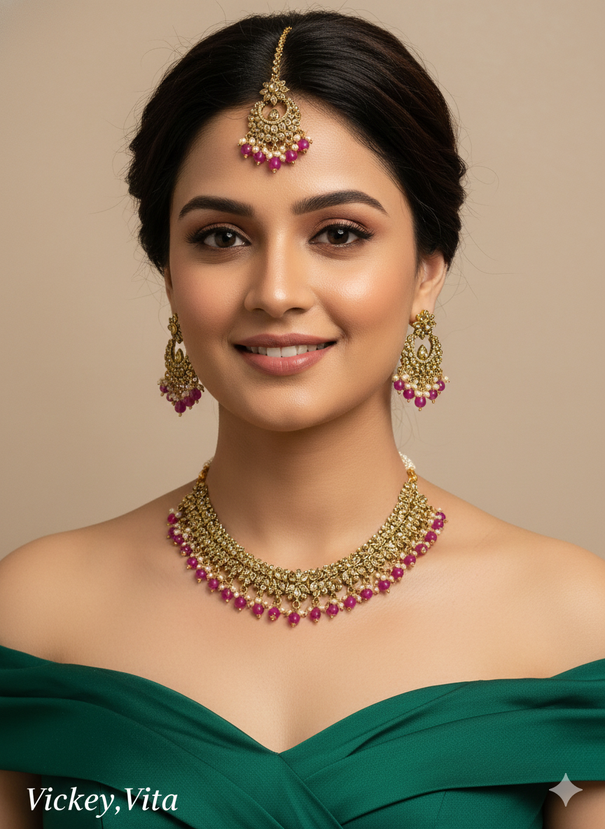 Hot Pink necklace Set Indian jewellery Vickey set
