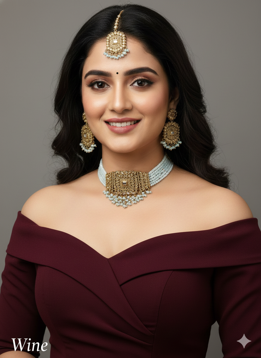 Antique Gold Sky Blue Choker Set/ Indian wine Jewellery