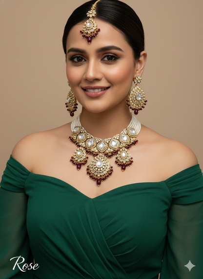 Maroon Kundan Necklace Jewellery Rose Set