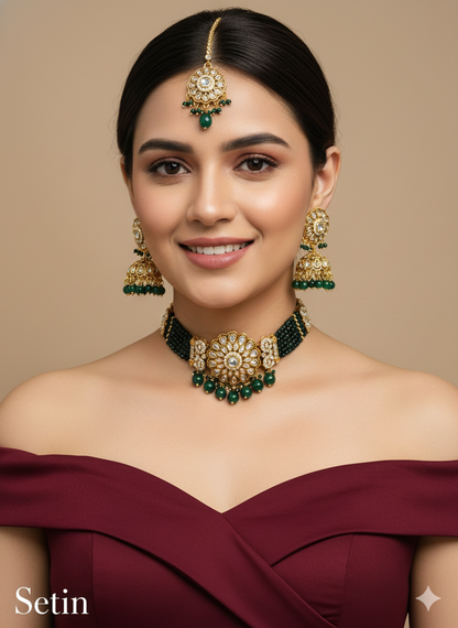 Choker Set Indian Jewellery Gold Green Kundan choker Set/ kundan choker Setin Set