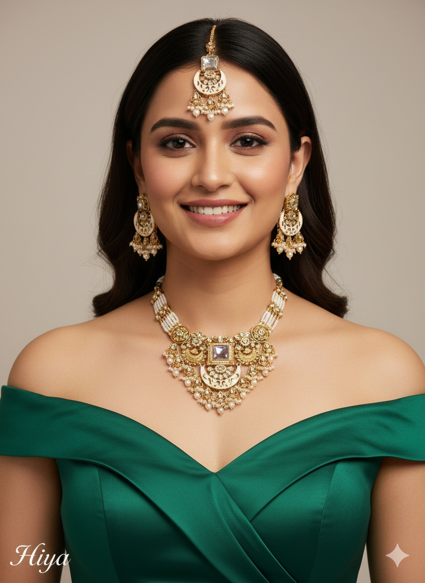 Gold White Kundan necklace Set/ kundan Indian jewellery Hiya sets