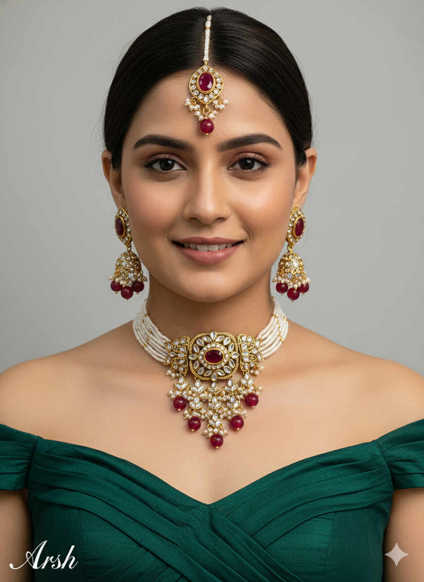 Green Choker Indian Jewellery Gold Kundan Arsh Set