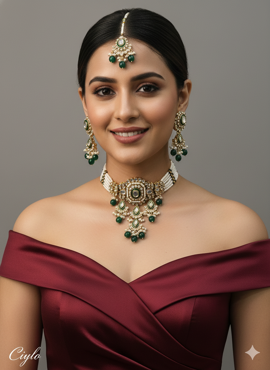 Indian  jewellery Gold green kundan choker set/ kundan choker kundan ciylo set