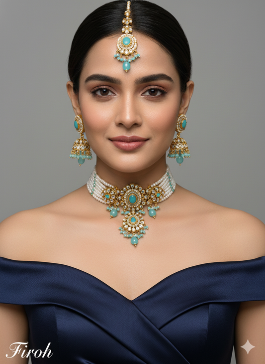 Sea Green Pink Kundan Choker Jewellery Firoh Set