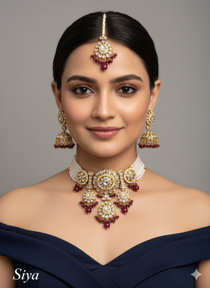 Indian Jewellery  Kundan Maroon choker Set/ kundan choker Kundan Siya Necklace Set