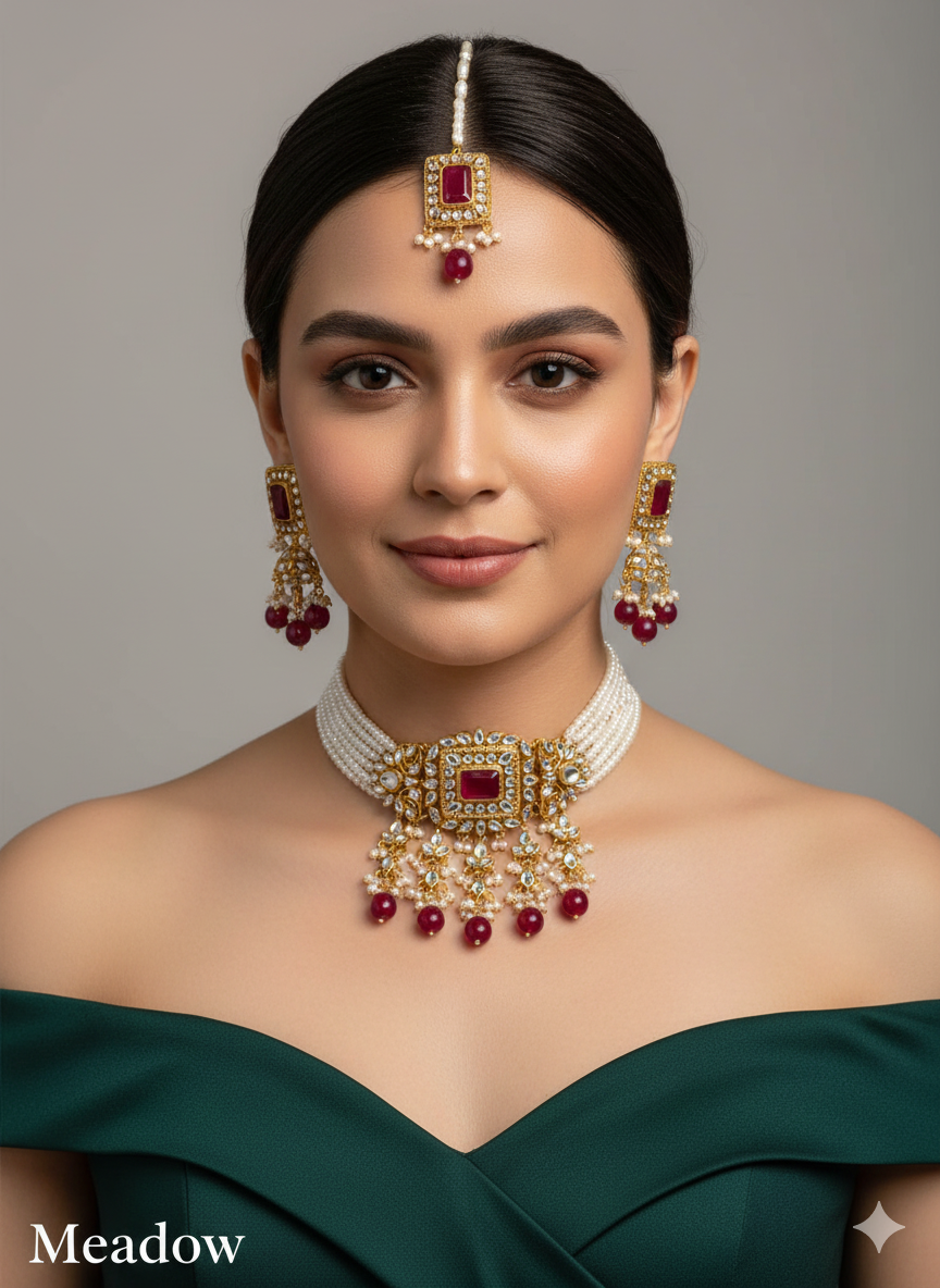 Indian Jewellery gold maroon Kundan choker meadow set