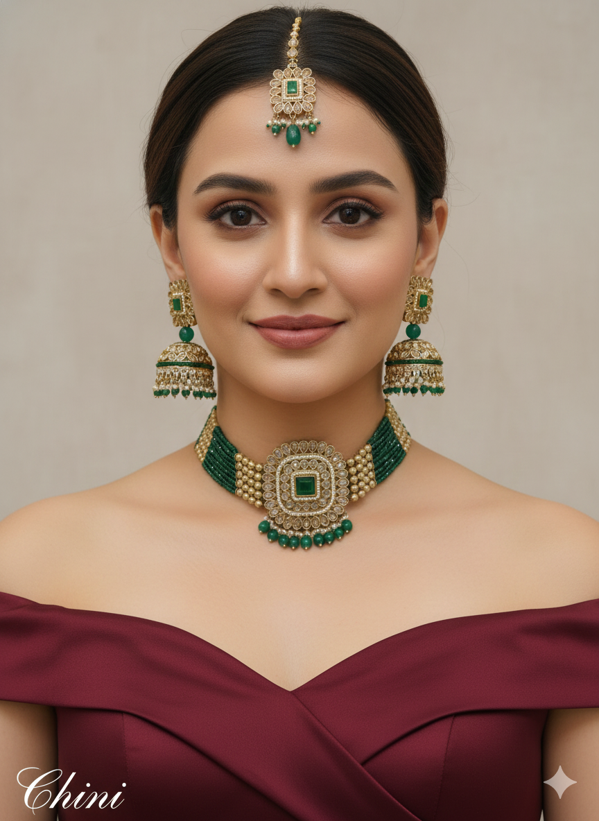 Indian Choker Set / Antique gold finish green Jewellery set /Indian choker necklace set/ chini Wedding jewellery set