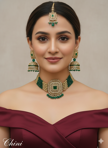 Indian Choker Set / Antique gold finish green Jewellery set /Indian choker necklace set/ chini Wedding jewellery set