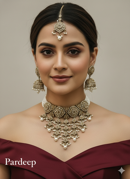 White Antique Gold Choker Indian Jewellery Pardeep Set