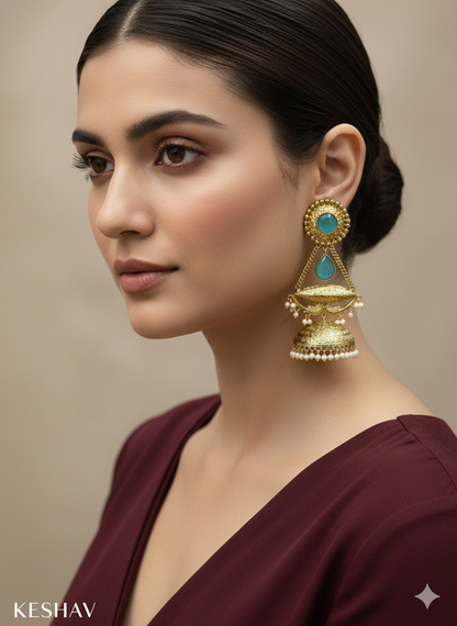 Green Antique Gold Jhumka Indian Bollywood Keshav Earrings