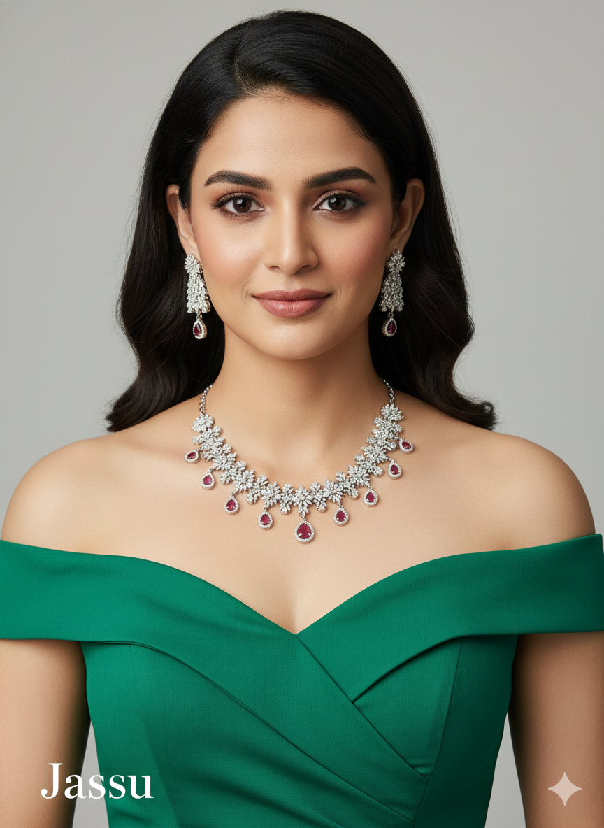 Silver  Diamond AD Jassu Necklace Set /Indian Necklace Set