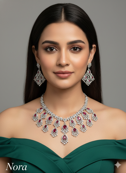 Silver Ruby American Diamond AD Nora Necklace Set /Indian Necklace Set