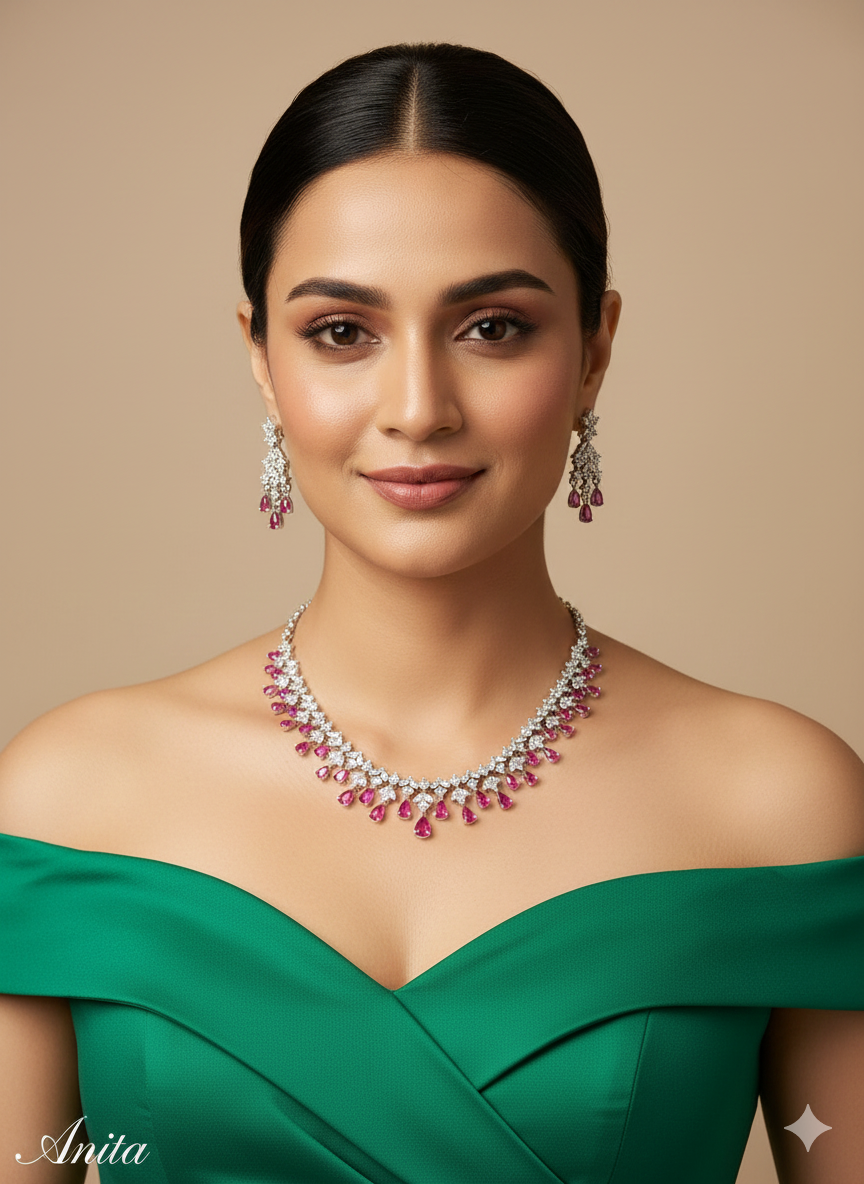 Silver American Diamond AD Anita Necklace Set /Indian Necklace Set