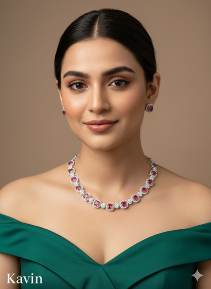 White Silver CZ Necklace Indian Jewellery Kavin Set