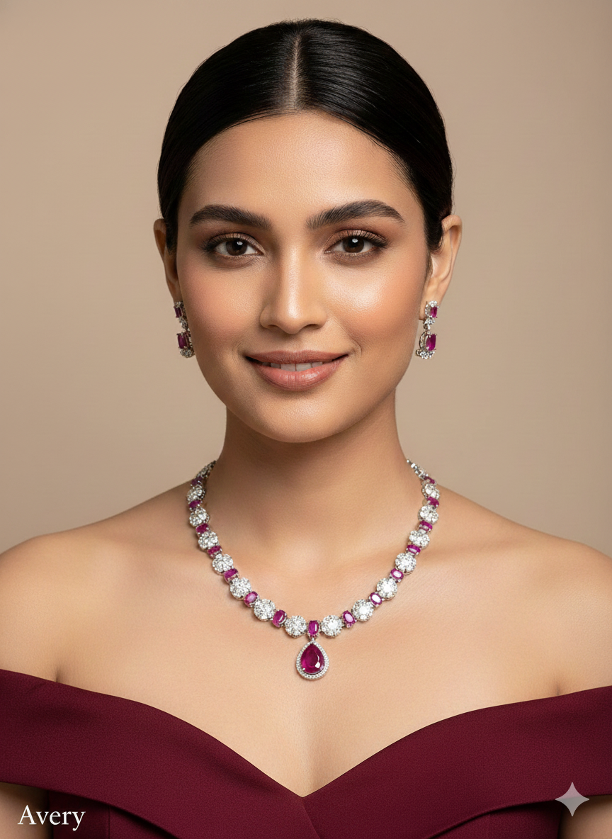 Silver American Diamond AD Avery Necklace Set /Indian Necklace Sets