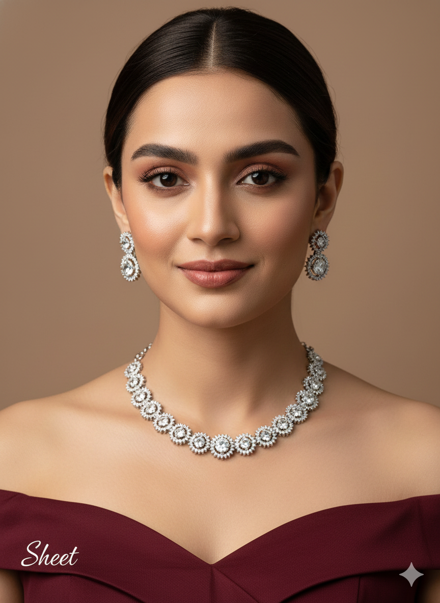 Cubic zirconia diamond necklace set,Rose gold Necklace set CZ sheet necklace set