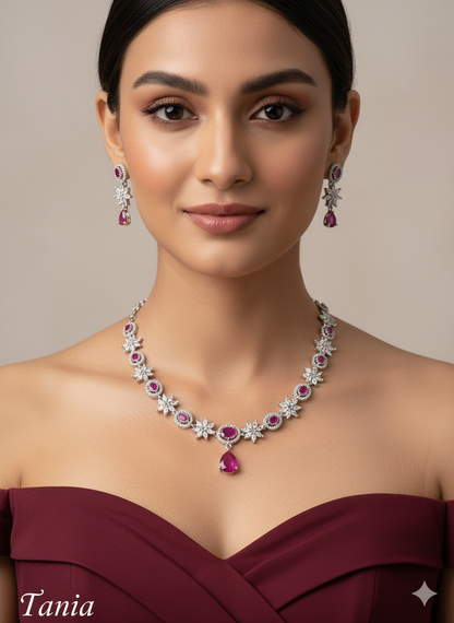 Silver Mint Pink American Diamond AD Tania Necklace Set /Indian Necklace Set