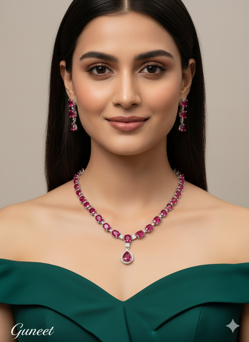 Silver American Diamond AD Guneet Necklace Set /Indian Necklace Set