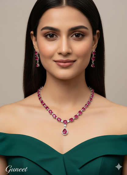 Silver American Diamond AD Guneet Necklace Set /Indian Necklace Set