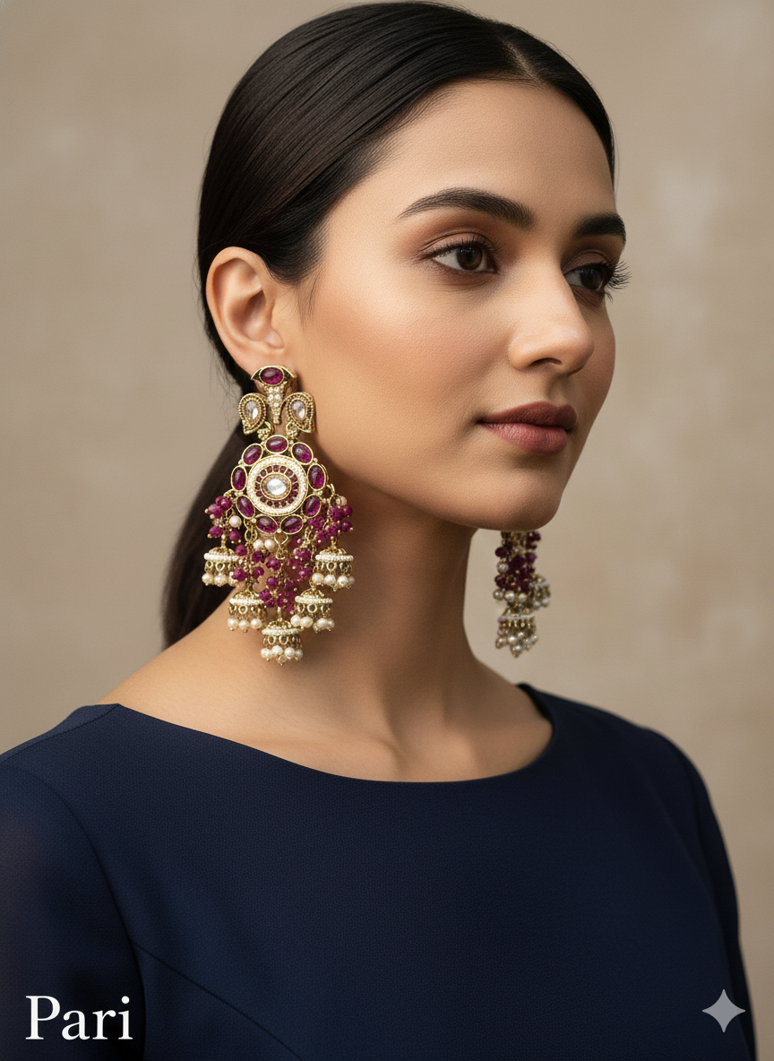 Purple Antique Gold Bollywood Indian Earrings pari Set