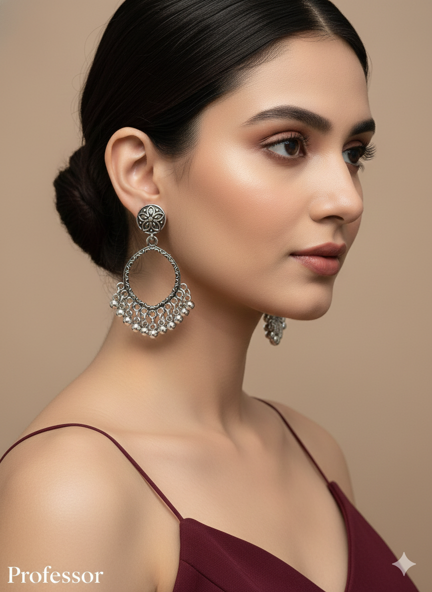 Antique Silver Oxidized Metal Professor Indian Earrings Set