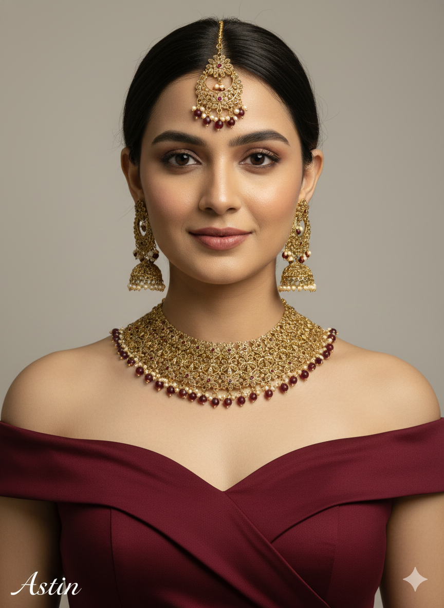 Dark Gold Maroon Necklace Set/ Indian Bridal astin Jewellery