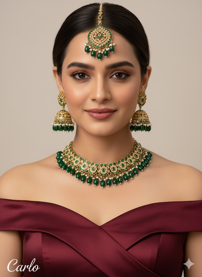 Pastel Green Antique Gold Necklace Pakistani Indian Jewellery Carlo Set