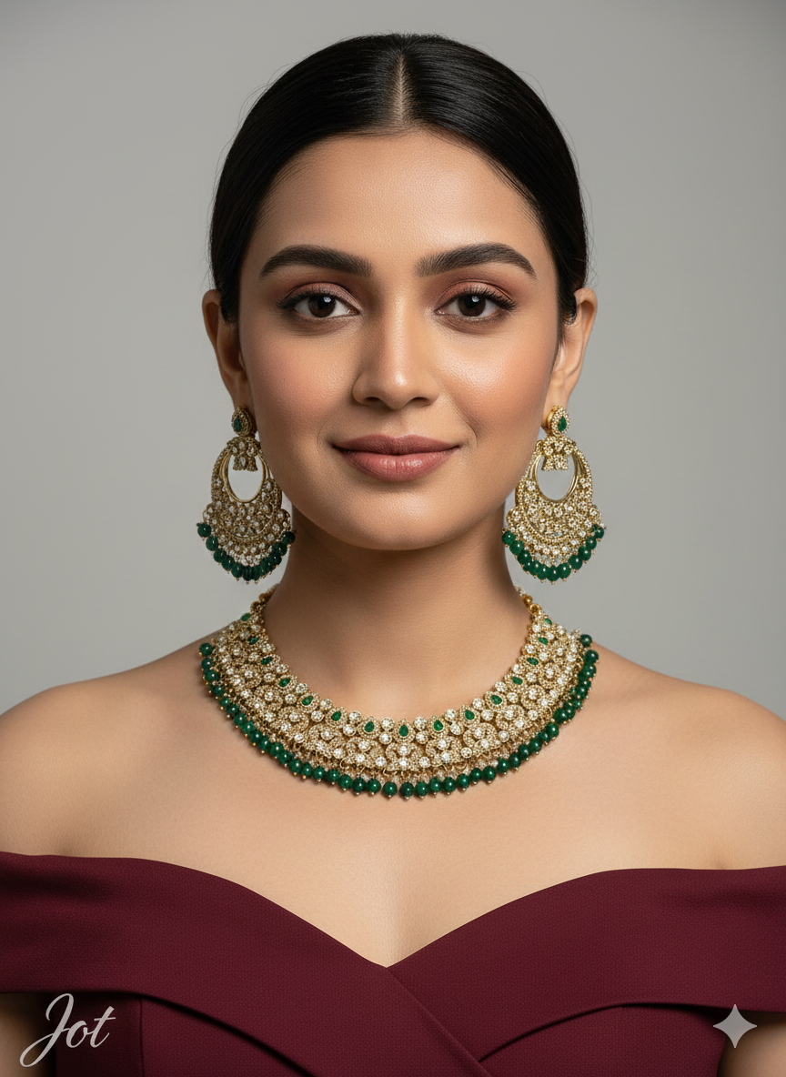 Green Antique Gold Kundan Necklace indian Jewellery Jot Set