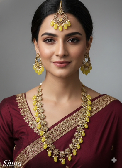 Dark Gold Yellow Long Necklace Set/ dark gold Indian Bridal shina Jewellery