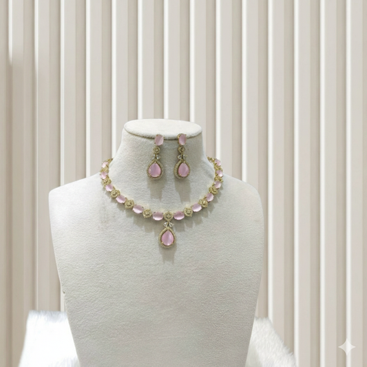 Antique Pink American Diamond AD Sona Necklace Set /Indian Necklace Jasika Set