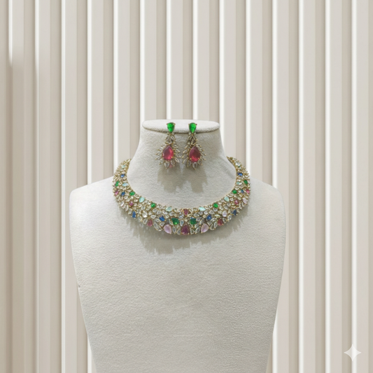 Antique Multi Color American Diamond AD Sona Necklace Set /Indian Necklace Heroin Set