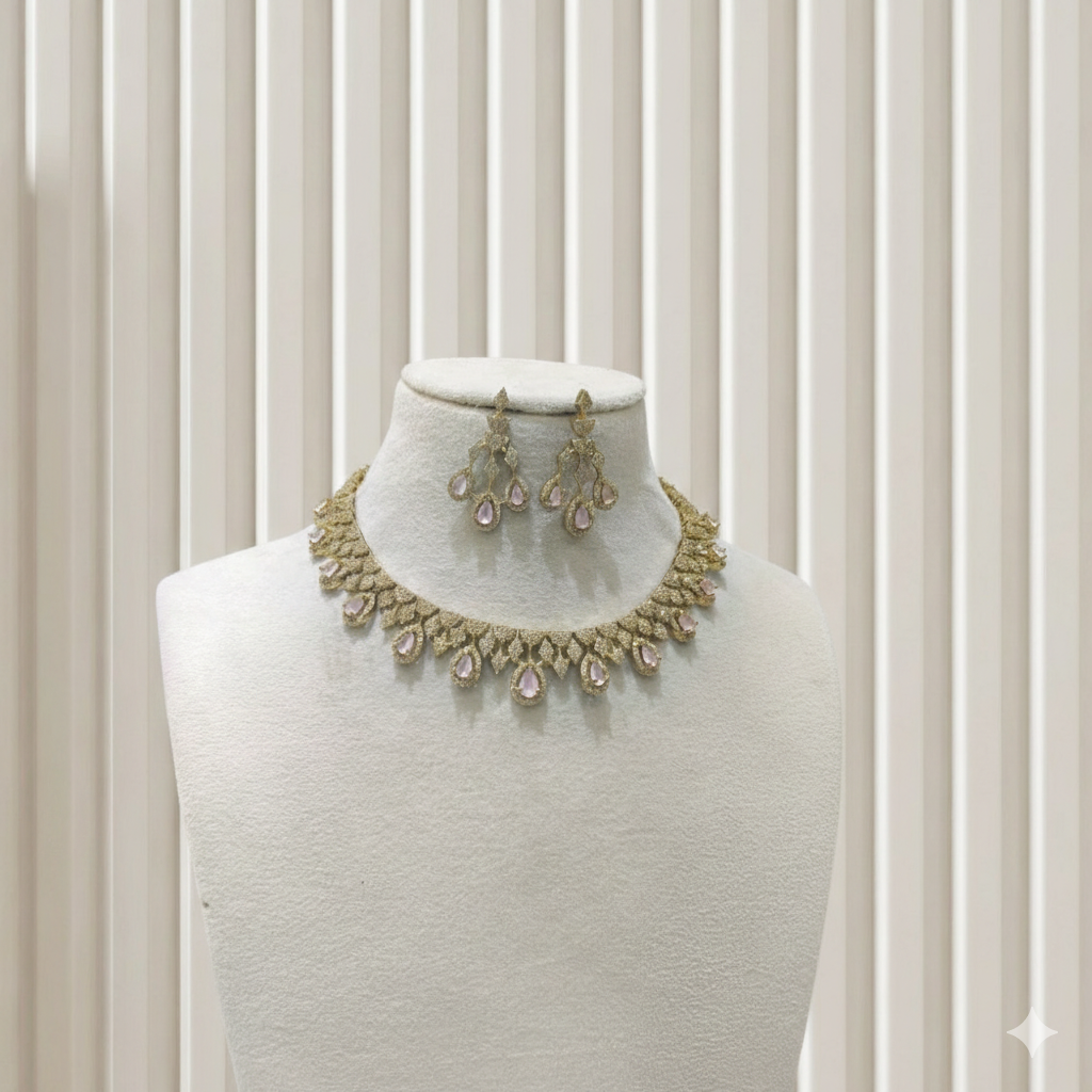 Antique Pink American Diamond AD Sona Necklace Set /Indian Necklace Devin Sets