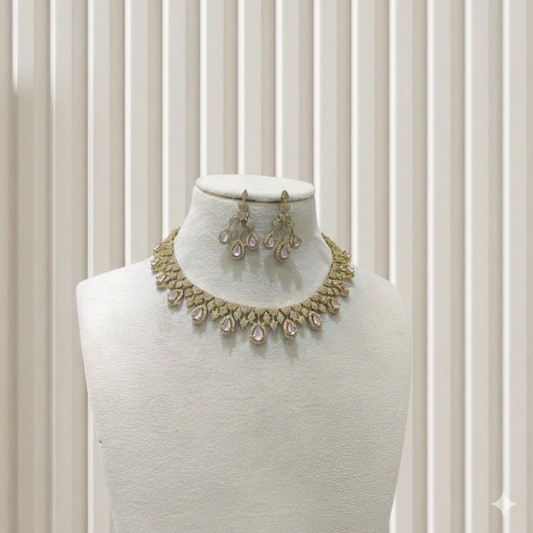 Antique Pink American Diamond AD Sona Necklace Set /Indian Necklace Devin Sets