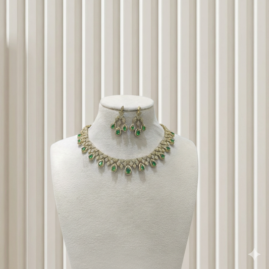 Antique Green American Diamond AD Sona Necklace Set /Indian Necklace Devin Sets