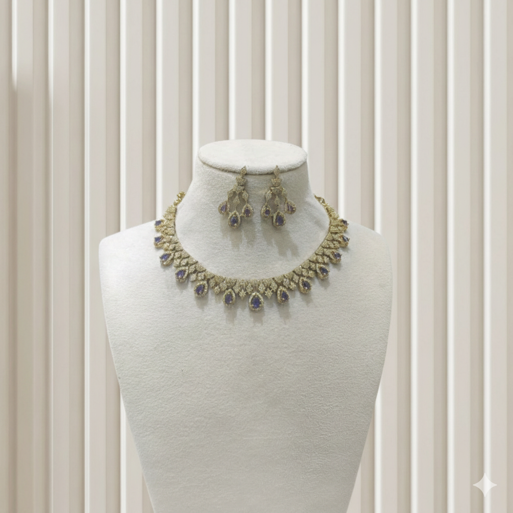 Antique Purple American Diamond AD Sona Necklace Set /Indian Necklace Devin Sets