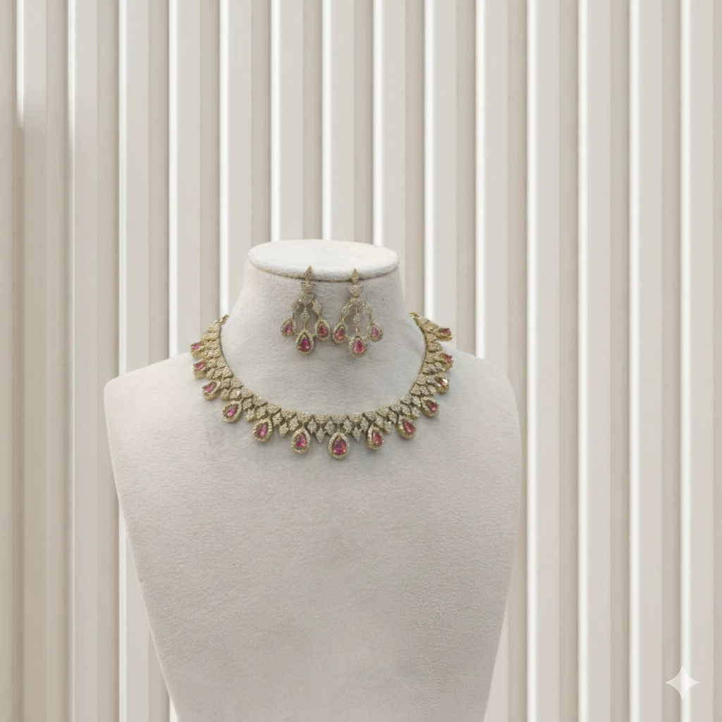 Antique Ruby American Diamond AD Sona Necklace Set /Indian Necklace Devin Sets