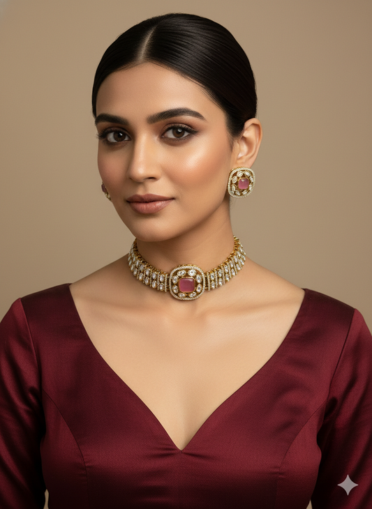 Pink Moissanite Kundan Choker Indian Jewellery Farmtrack Set