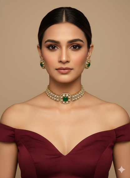 Green Moissanite Kundan Choker Indian Jewellery Farmtrack Set
