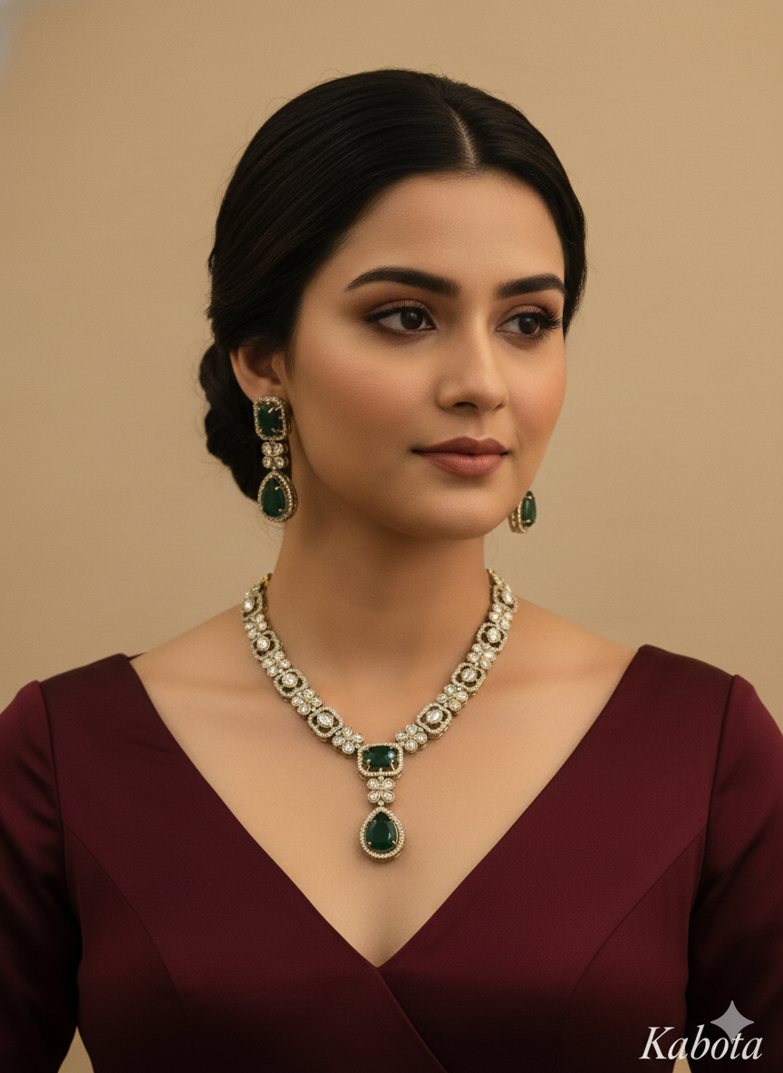 Green Gold Moissanite Kundan Necklace Indian Jewellery Kabota Set