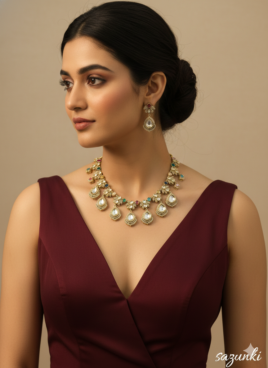 Multi Color Gold Moissanite Kundan Necklace Indian Jewellery Szunki Set