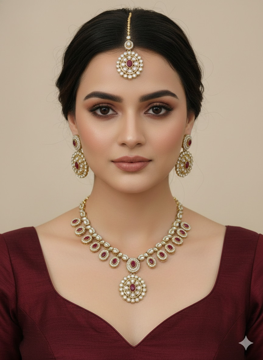Maroon Kundan necklace Set/ kundan Indian jewellery kundan Bholi sets