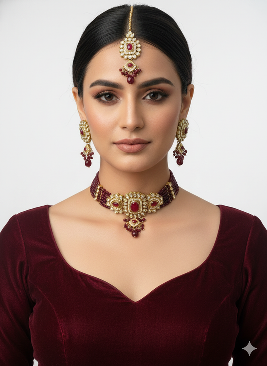 Maroon kundan Choker Indian jewellery Gini sets