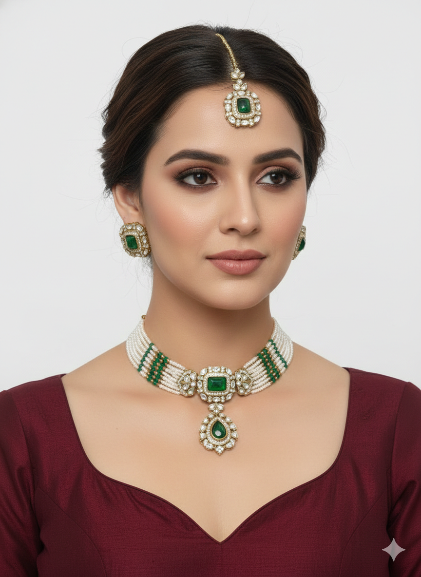 Green kundan Choker Indian jewellery Gini sets