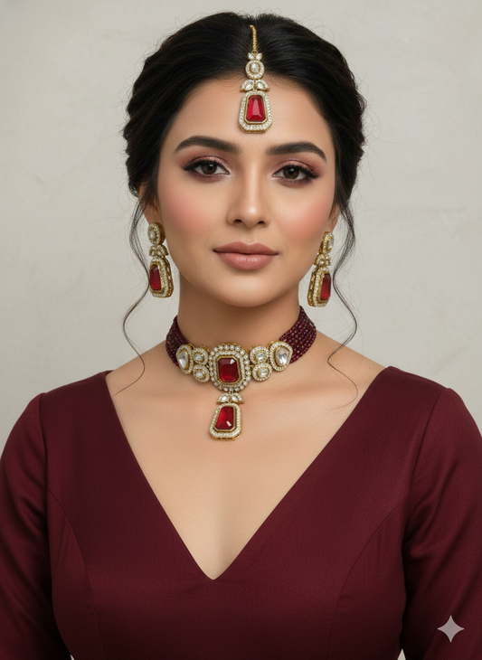 Maroon kundan Choker Indian jewellery Gini sets