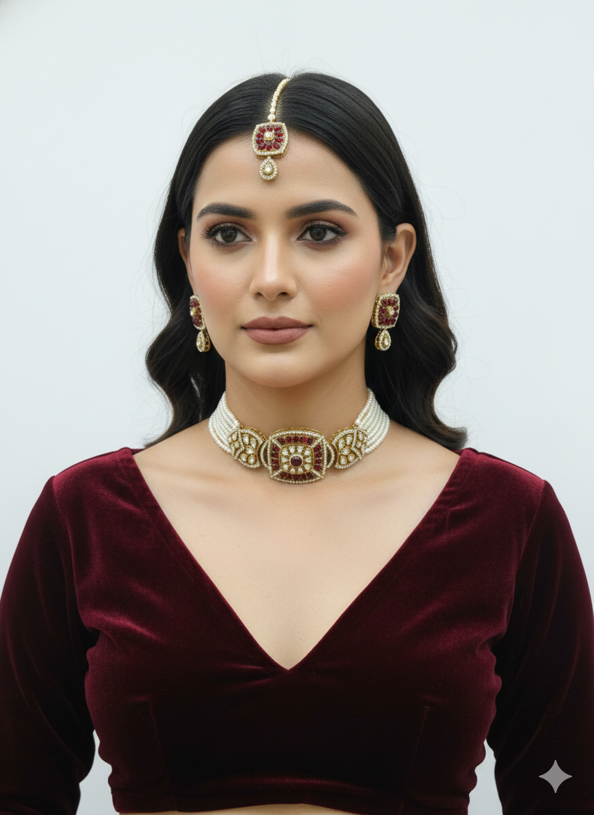 Maroon kundan Choker Indian jewellery Gini sets