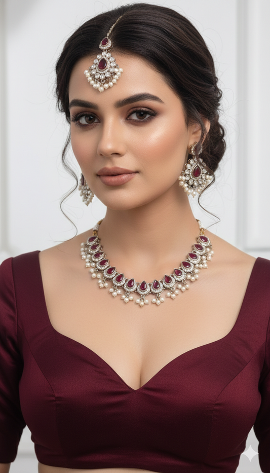 Maroon Kundan necklace Set/ kundan Indian jewellery kundan Bholi sets