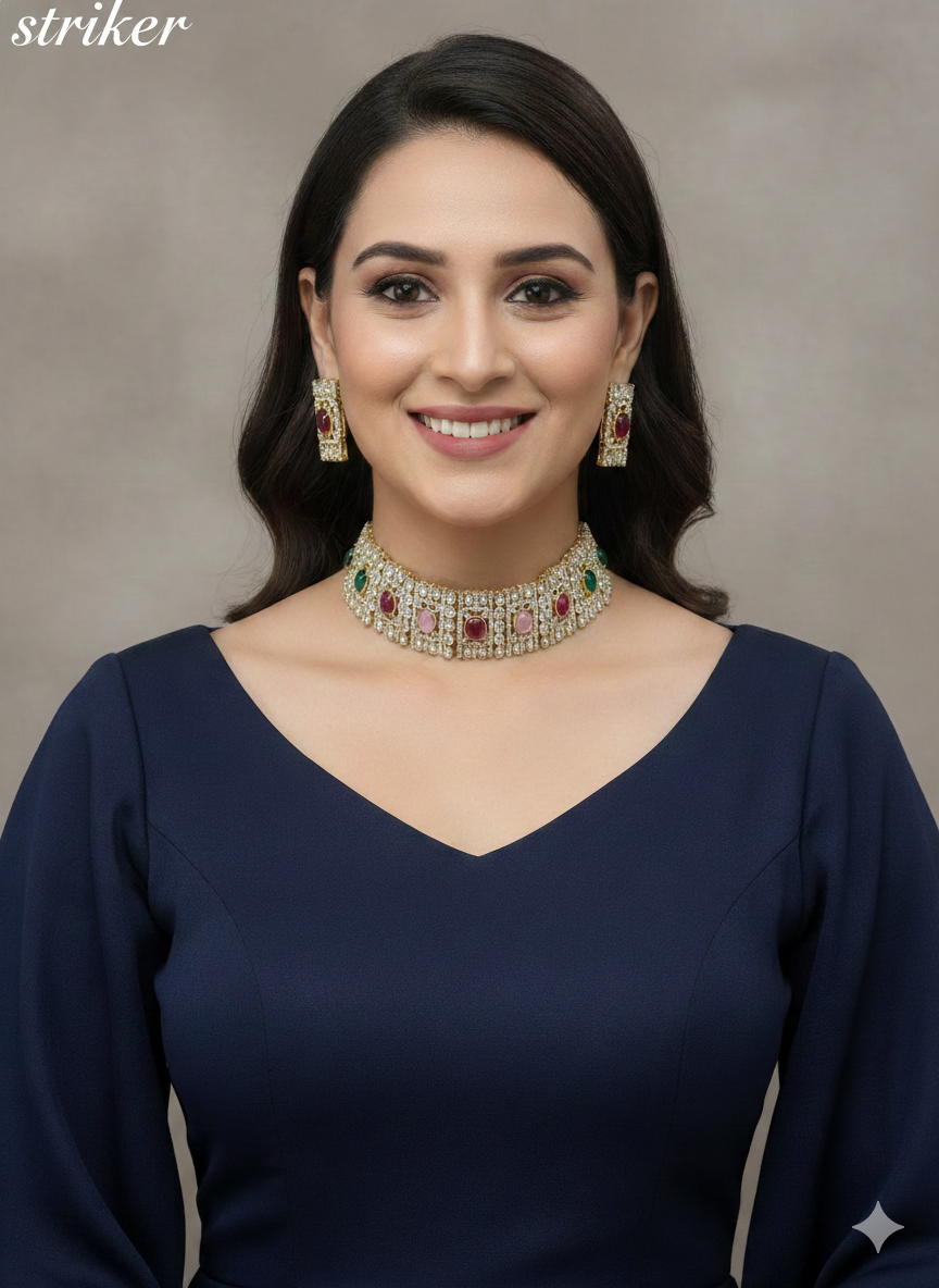 Multi Color Gold Moissanite Kundan Choker Indian Jewellery Striker Set