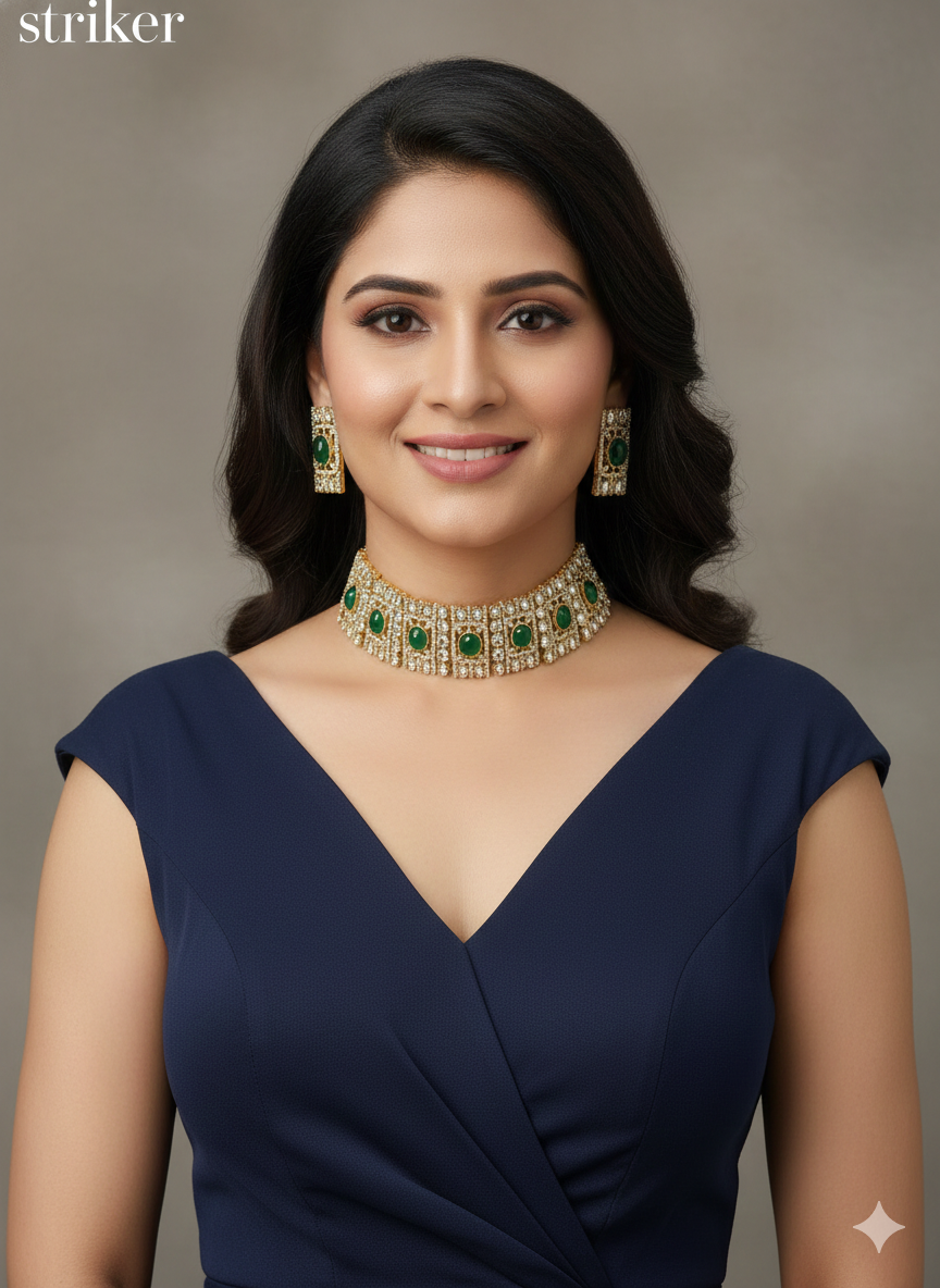 Green Gold Moissanite Kundan Choker Indian Jewellery Striker Set