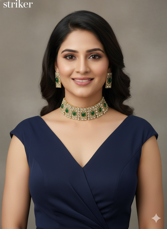 Green Gold Moissanite Kundan Choker Indian Jewellery Striker Set