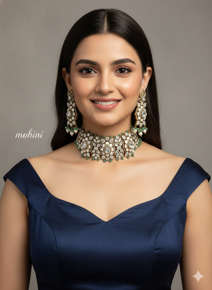 Choker Set Mother of Pearls Indian Jewellery/ Green Kundan choker Set/ kundan choker Mohini Set